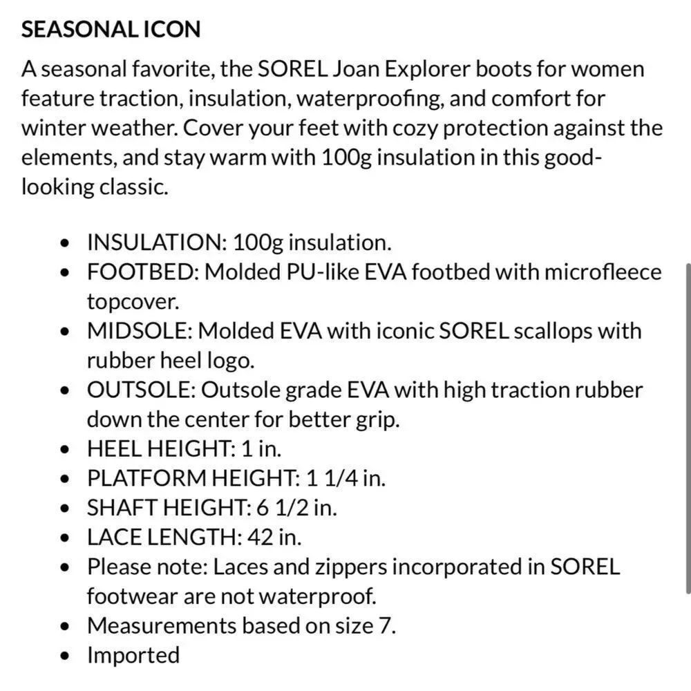 Sorel Joan Explorer Boot Size 6
